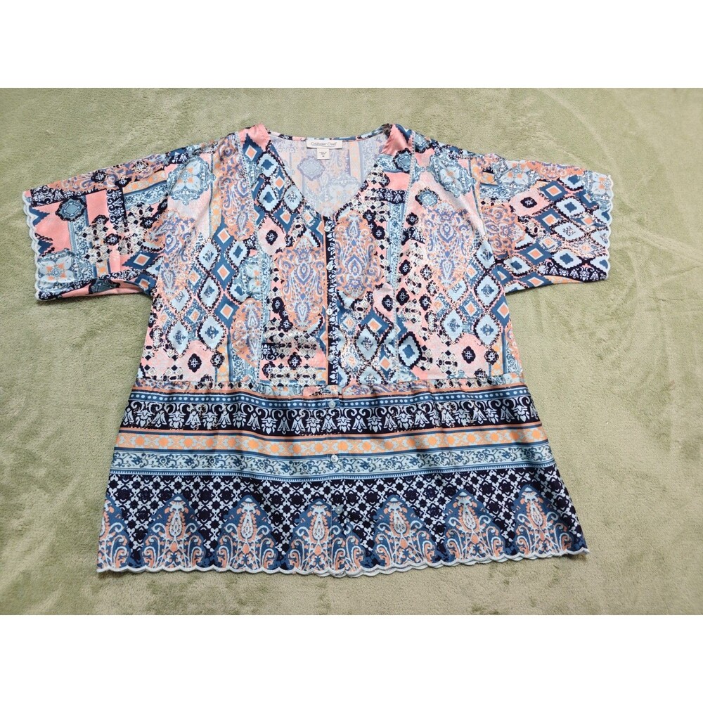 Coldwater Creek Womens M Top Blouse Boho Patchwork Paisley Scalloped V-Neck